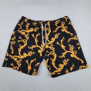 Forever 21 Shorts Mens XL Black Gold Baroque‎ Print Drawstring Cotton Casual